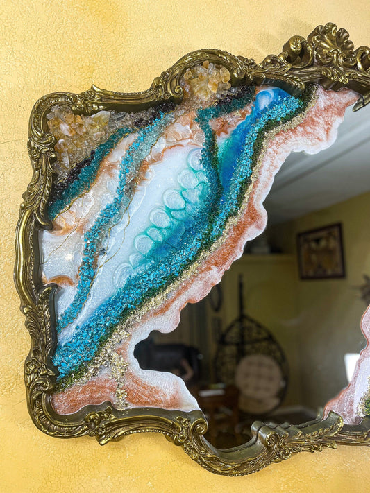 Sea Inspired Gilded Antique Geode Mirror / crystals / resin / art / original art / up-cycle / vintage/ antique/ home decor / mirror / large
