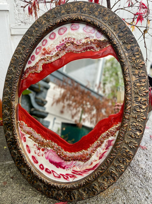 Pomegranate Geode Mirror/ antique mirror/ functional art/ agate/ crystals/ rose quarts/ decor/ gilded  mirror/ goddess decor/ Red/ home