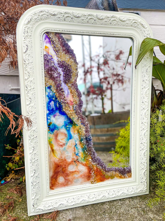 Kaleidoscope Geode Mirror / functional art / tie-dye / resin / home decor / crystals / original art /